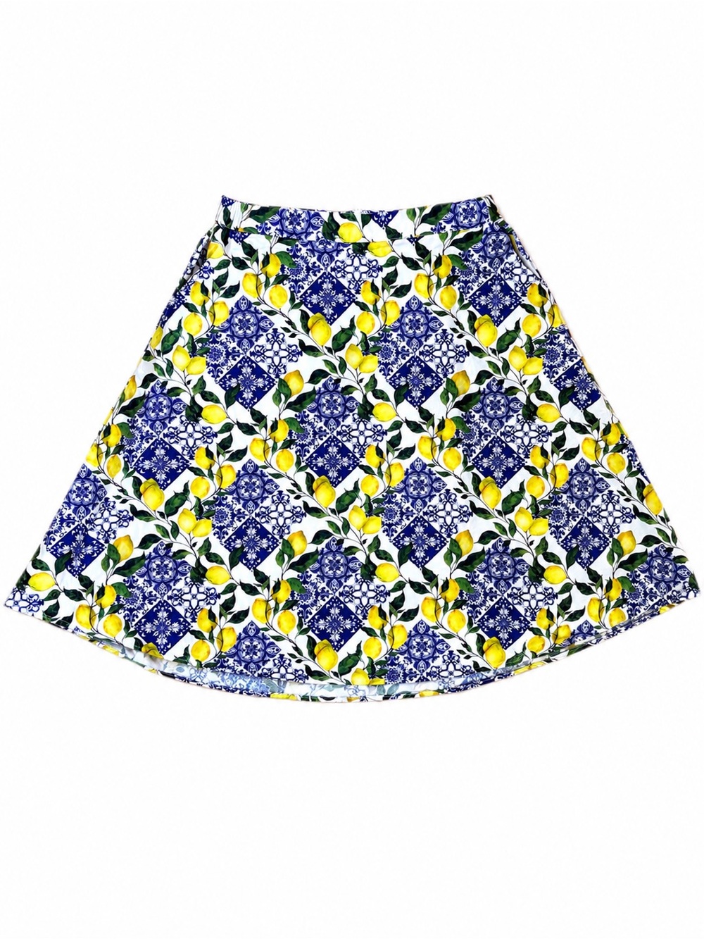 ModCloth Golden Hour Gal Midi Skirt Santorini Lemon Blue Tile Print A-Line